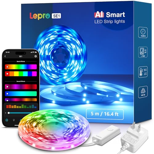 Lepro SE1 AI ledテープライト 5m AI照明デザイナー クリスマス 音楽同期 LLM 1600万色 調光調色 Alexa/Google Home対応 スマート WiFi/Bluetooth対応 RGB 間接照明 切断可能 両面テープ付 DIY テープライト 非防水【Leproアプリ アカウント登録要】