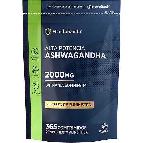 Ashwagandha 2000 mg | 6 Meses de Suminstro - 365 Comprimidos Veganos | Whitania Somnifera | Alta Potencia | Formato Ahorro | Horbaach