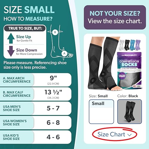 Image of BraceAbility Compression Socks for Circulation - 20-30 mmHg Knee High Neuropathy Open Toe Stockings for Varicose Veins, Swelling, RLS, Medical Toeless Support for Men or Women - 1 Pair (S - Black)