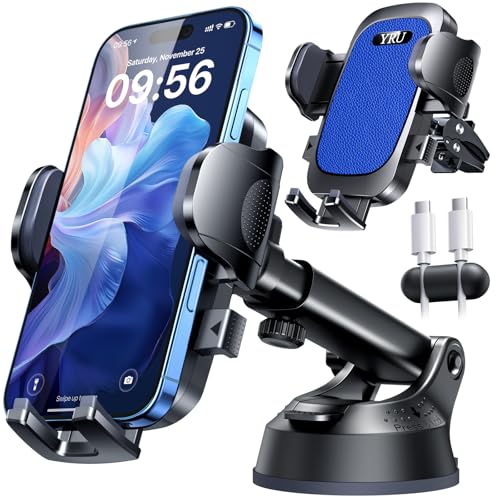 Image of [True Upgrade for Safety] YRU Car Phone Holder Mount [Patent & Military-Grade]Dashboard Cell Phone Holder for Car Vent Windshield Phone Stand for iPhone 17 16 15 14 13 Pro Max Truck Samsung, Dark Blue