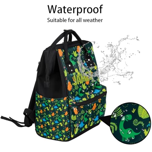 Image of Large Diaper-Backpack Baby-Gifts Cute Dinosaur Personalized Nappy-Bag | Customized Diaper Bag for Baby-Boys Mommy-Bag with Baby Name Dark Green Dinosaur Nappy-Backpack for Baby Traveling