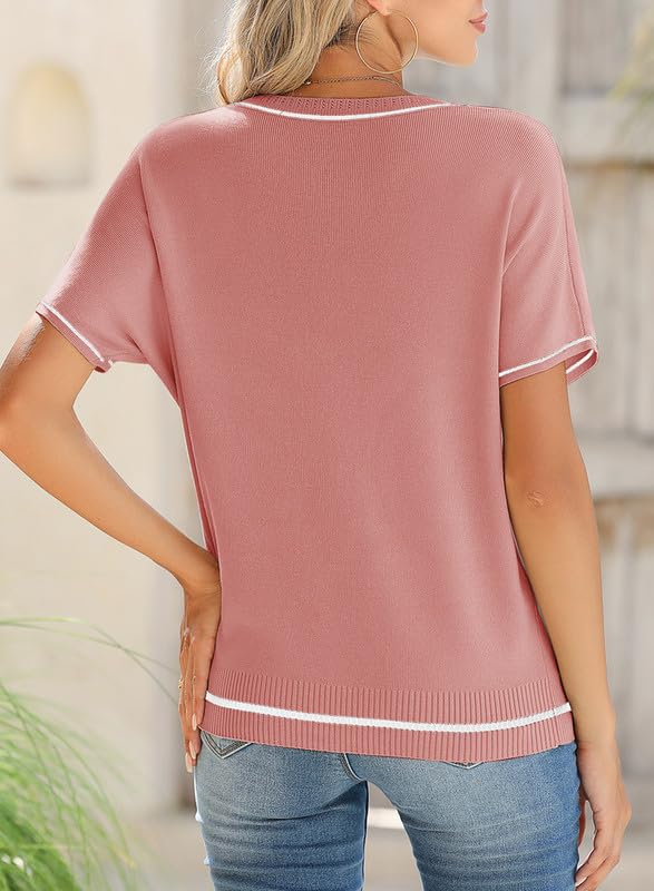 Image of SHEWIN Womens Tops Trendy Short Sleeve Shirts Crewneck Lightweight Knit Sweater Top Business Casual Outfits