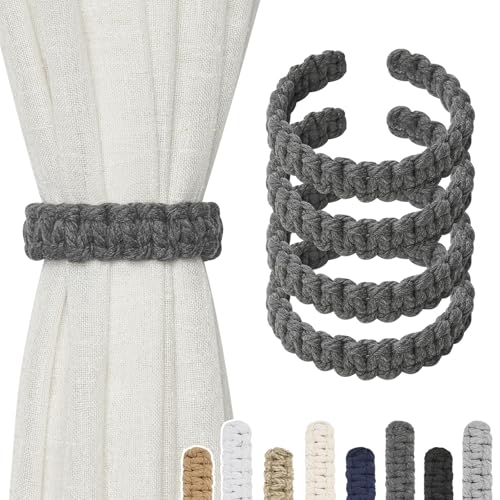 Pretty Jolly 4 Pack Natural Cotton Rope Curtain Tiebacks Farmhouse Rustic Style Decorative Drape Tie Backs Handmade Braided Curtain Holdbacks for Home Sheer/Light Weight Drapery (C-Dark Grey-S)