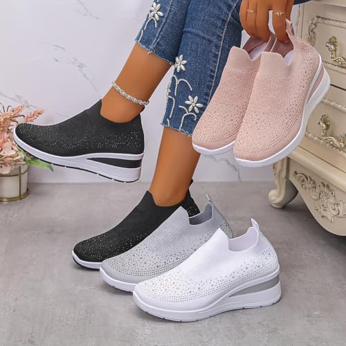Women's Glitter Rhinestone Fashion Breathable Wedge Sneakers, Women's Platform Sneakers, Sparkly Bling Wedding Dressy Tennis Shoes for Bride3