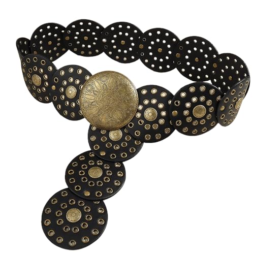 Western-Wide-Disc-Belt for Womens - Boho-Chunky Concho PU-Leather Belt for Dress Jeans