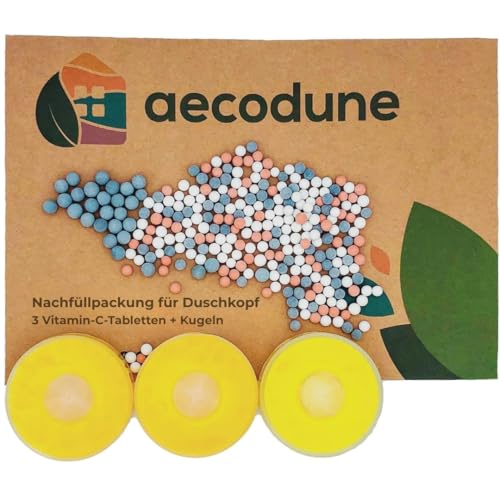 Aecodune Kalkfilter Duschkopf Nachfüllung - Wasser- und Chlorfilter mit Vitamin C - Entspannung zu Hause - Enthärter-Kit mit Duschkugeln mit negativer Ionenfilterung - Zitrone x3