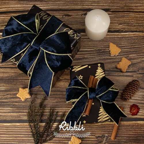 Image of Ribbli Navy Velvet Wired Ribbon 2.5 Inch Metallic Navy Blue Gold Crushed Velvet Christmas Ribbon for Gift Wrapping Christmas Tree Decoration Crafts Wreaths Supplies-Continuous 10 Yards