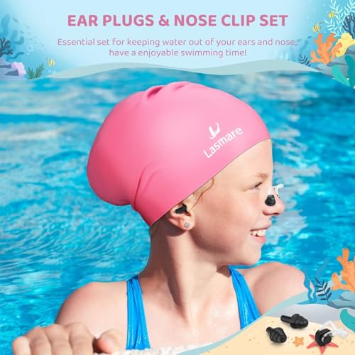 Lasmare Kids Long Hair Swim Cap For Girls Boys thumb #6
