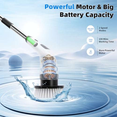 Image of SINZUX Electric Spin Scrubber, Electric Cleaning Brush with 8 Interchangeable Brush Heads, Electric Scrubbing Brush with LED Indicator and Adjustable Extension Handle for Bathroom, Kitchen