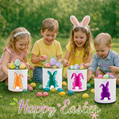 Image of Honeydak 6 PCS Kids Basket, Colorful Sequined Bunny Canvas Bags