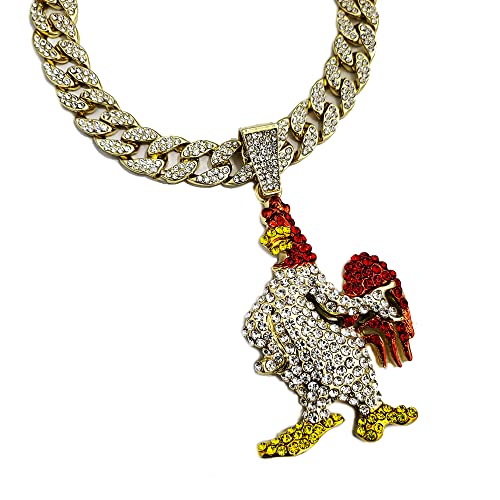 Gold Plated Large Icy Bling Chicken Pendant & 15mm 16