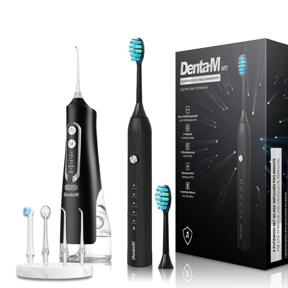 Ultraschall Zahnbürste & Munddusche Set – Elektrische Schallzahnbürste mit Ersatzbürstenköpfen – 40.000 Vibrationen, 5 Modi, 8 Tage Akku, IPX7 wasserdicht