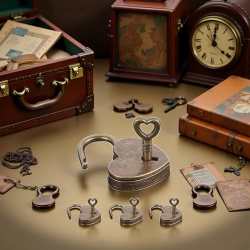 Image of 4 Pcs Lock Antique Brass Padlock with Key, Vintage Heart Shape Anti-Theft Mini Padlock Bag Travel Suitcase Luggage Box Case Key Keyed Padlocks Padlocks Hasps