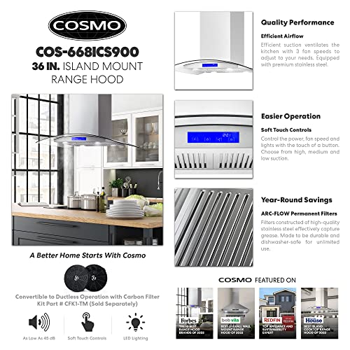 Cosmo 668Ics900 36 In. Island Range Hood With 380 Cfm, 3 Speeds, Ducted, Permanent Filters, Soft Touch Controls, Led Lights, Curved Glass Hood In Stainless Steel #TOP2