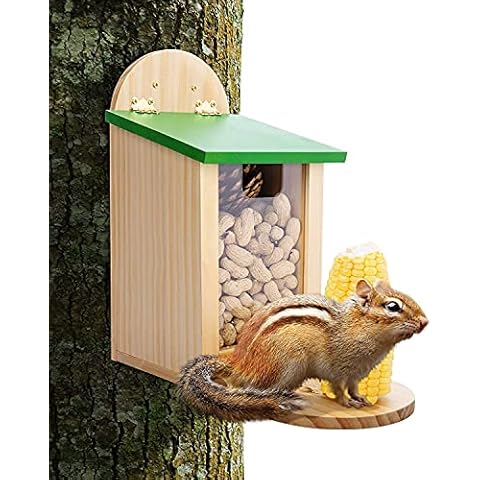 Garden Squirrel Feeders Natural Wood with Feeding Platform Great Outdoor Feeding Box Station for Squirrels (Handmade Squirrel Stand) Cover