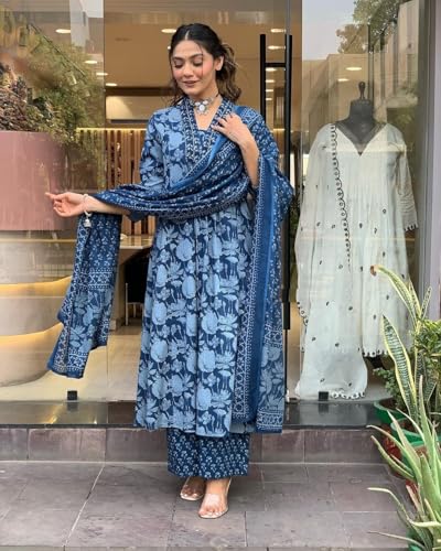 Image of Nermosa A-Line Printed Kurta set for women with Dupatta (IN, Alpha