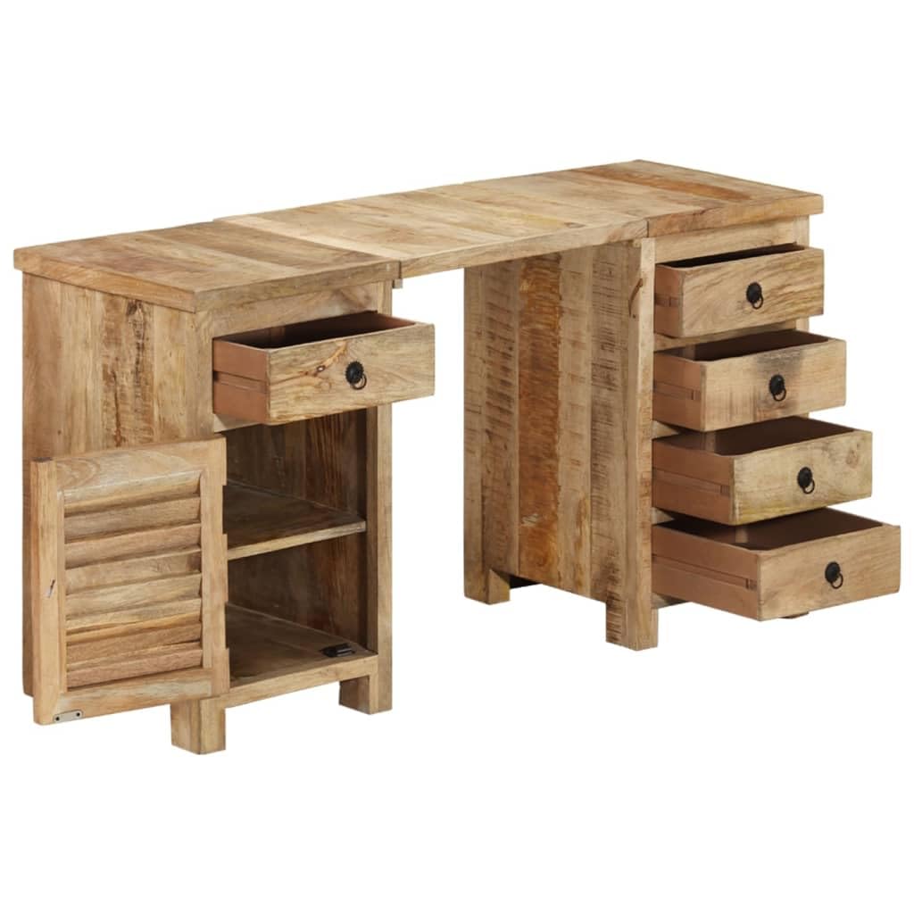 Schreibtisch Massivholz Mango Retro Bürotisch 140x50 cm | Flexibler Bürotisch mit 5 Schubladen und Schrank für Arbeitszimmer. Abnehmbare Platte bildet 2 Beistellschränke.