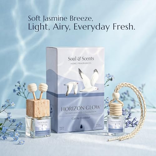 Image of Soul & Scents 16ml Luxury Car Perfumes Jasmine | Horizon Glow | 2-in-1 Hanging Pod & AC Vent Air Freshener | Premium Wooden Car Fragrance Accessory | Long Lasting Odour Eliminator | Pack of 2