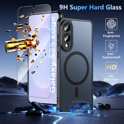 Image of OWKEY for Samsung Galaxy S25 Edge Case 6.7'', Magnetic S25 Edge Case for Magsafe with Tempered Glass Screen, [Shockproof Military] Translucent Back Slim Bumper Cover Phone Case s25 Edge, Black