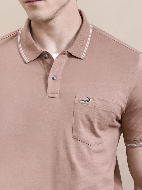 Image of CROCODILE Men Solid Slim Fit Polo T-Shirt | Regular Length | Short Sleeve | Button Placket | Casual Knitted Topwear