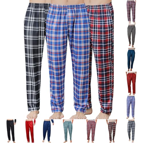 3 Pack Mens Pajama Pants Silk Satin Pj Plaid Loungewear Lounge Pants With Pockets Para Hombres Sleepwear