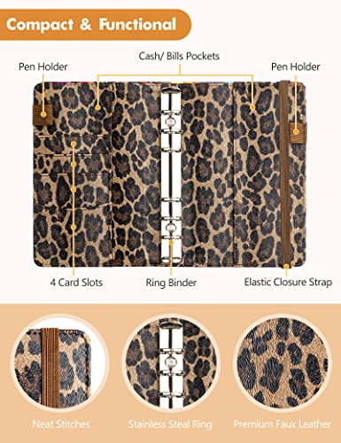 A6 Binder For Money Saving , Pu Leather Budget Planner Organizer With 8 Cash Envelopes, Sheets,Rose Gold Category Stickers (Leopard) #TOP2