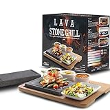 Artestia Volcanic Lava Rock Cooking Stones for Steak - 2-Piece 8.46×6.49in Stone with 1 Bamboo Tray, 3 Sauces Bowls, Grill & BBQ Hot Stones for Indoor Outdoor Use - Upgraded Version