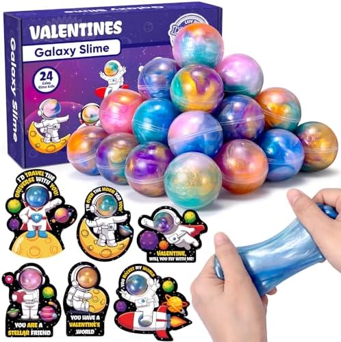 24 Pack Valentines Day Cards for Kids School with Galaxy Slime, Valentines Day Gifts for Kids Classroom - Valentines Toy Slime Party Favors, Classroom Exchange Gifts