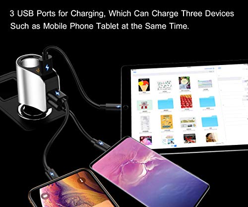 Car Charger Extension Cigarette Lighter Adapter,Socket Splitter with 3 USB and Voltage Meter,Compatible for iPhone 8/7/X/6S/XR,iPad,Samsung Galaxy S9/S8,iPad,GPS,Android Phone (Silver)