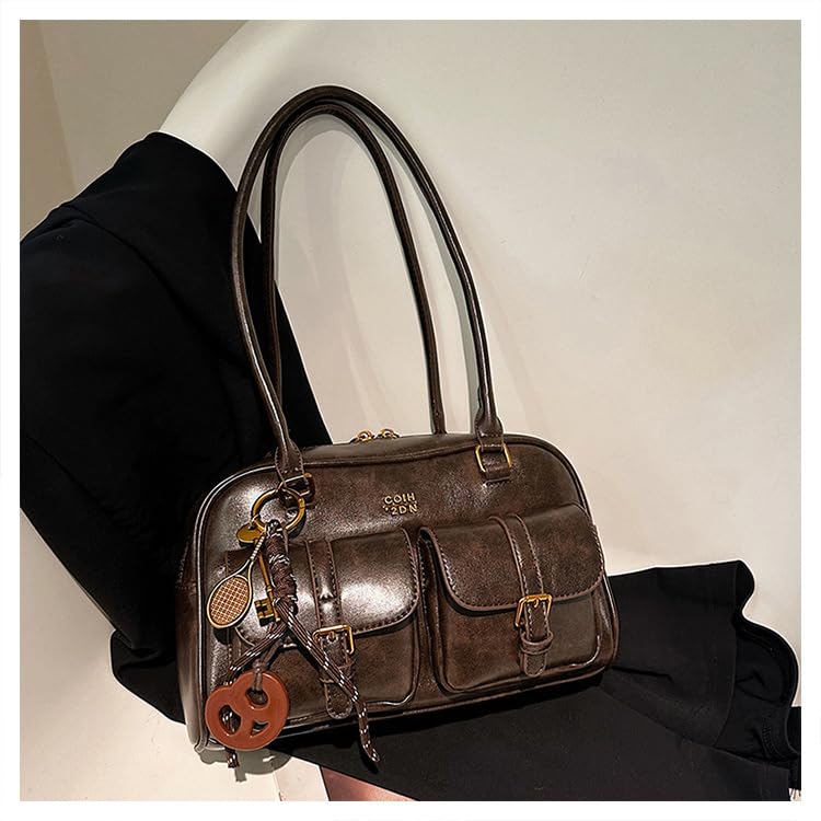 Y2K Shoulder Bag for Women PU Leather Y2K Purse Double Pocket Retro Handbag4