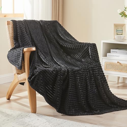 Image of EMME Fleece Blanket, 3D Jacquard Throw Blanket for Couch and Bed, Soft Cozy and Fluffy Blankets Lightweight Luxury Flannel with Geometric Grid Design (Black, 80 inch x 90 inch)