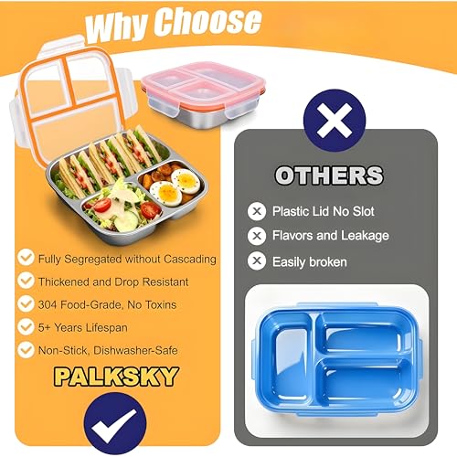 Image of Motka 304 Stainless Steel Lunch Box 600ml with 3 Compartments, Leakproof Bento Tiffin Box with Sealed Lid and 4 Lock Clips for School, Office, Kids, Adults, Travel and Daily Meals-Black Lid