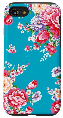 台湾花布 台湾花布柄 水色 青 客家花布 台湾雑貨 台湾レトロ 台湾風 かわいい スマホケース iPhone SE (2020) / 7 / 8 用