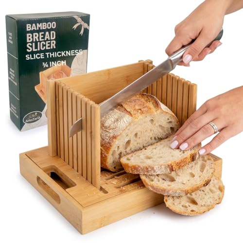 Bread Slicer for Sourdough Rounds & Homemade Bread - Round, Loaf & Baguette. Bamboo Bread Cutting Guide W/Crumb Tray - Foldable - Knife Not Included. Recommended: Serrated Knife Blade 10-12 Inches