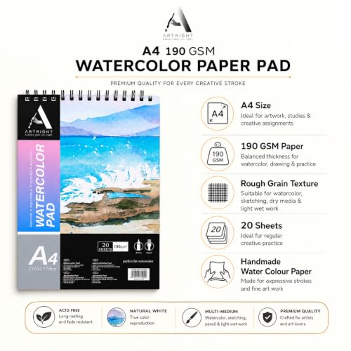 Image of ArtRight Artists' Watercolor Paper Pad A4 190 GSM - 20 Sheets of Handmade Rough Grain Water Colour Papers, Ideal for Artist, Professional Drawing, Painting Dry & Wet, Fine Art, School, Student, Watercolor