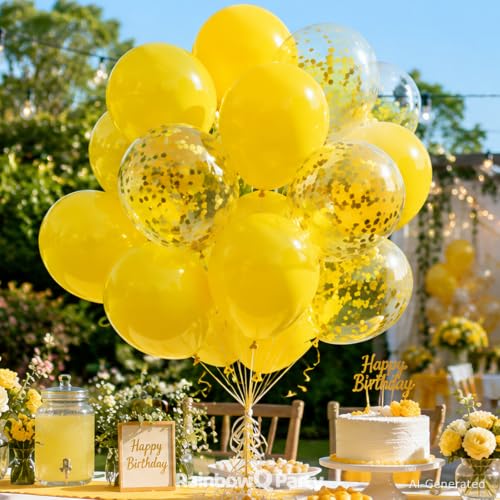 Image of Yellow Latex Balloons: 55Pcs 12 inch Yellow Confetti Party Balloons Mat Helium Latex Balloon Ribbons for Birthday Anniversary Graduation Wedding Decoration