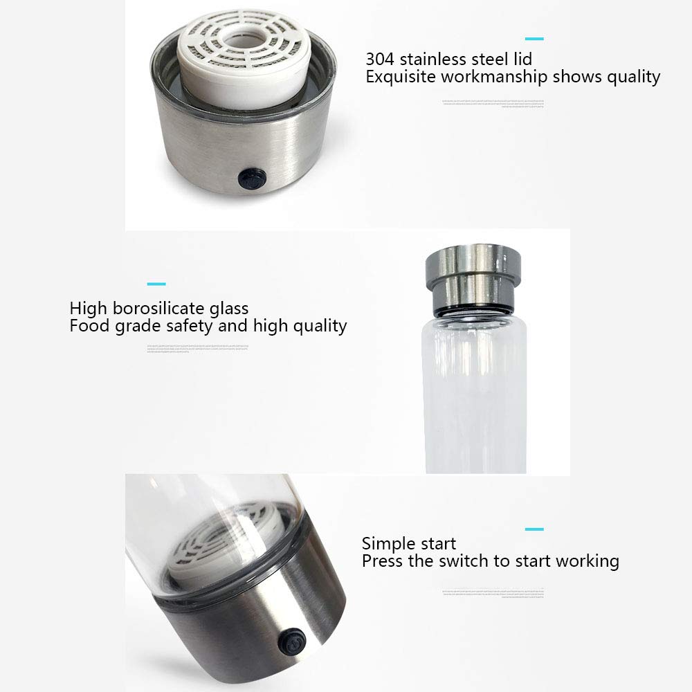 Generador De Agua Rica En Hidrógeno Ionizador De Agua Alcalina 3 Minutos Descarga De Alta Concentración Ozono Y Cloro Portátil USB Recargable Botella De Vidrio De Alto Borosilicato,350ml