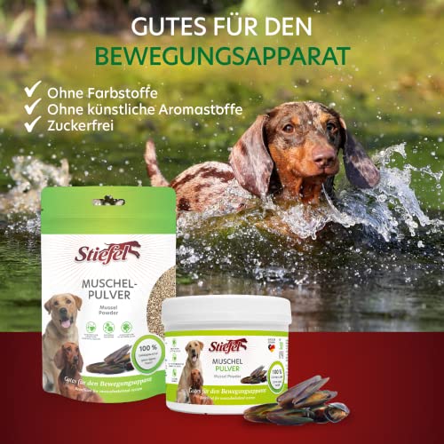 Stiefel Muschelpulver für Hunde, 100% naturbelassen, reines Naturprodukt aus neuseeländischer Grünlippmuschel, unterstützt den gesamten Bewegungsapparat, das Bindegewebe & die Gelenkfunktion, 200g