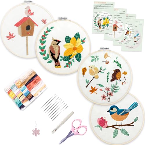 Image of Bonroy 4 Sets Embroidery Set for Beginners, Art Craft, Easy Sewing, Includes Embroidery Clothing, Pattern, Embroidery Hoop, Instruction Manual, Colorful Thread Needles Set (6 Pieces)