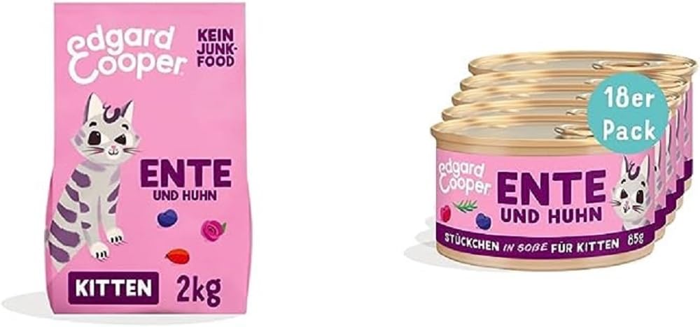 Edgard & Cooper Katzenfutter Kitten getreidefrei Trockenfutter hochwertiges Katzenfutter ohne Getreide Kitten Ente & Huhn 2kg + Edgard & Cooper Stückchen in Soße Katzenfutter Ente/Huhn 85gx18