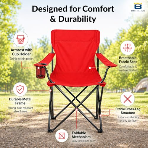 Image of BTAG Foldable Camping Chair with Armrest & Cup Holder, Portable Outdoor Chair with Carry Bag for Camping, Picnic, Fishing & Travel - RED