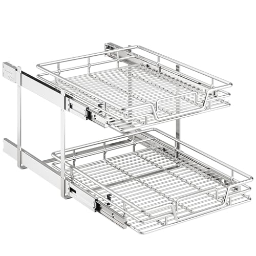 2-Tier Kitchen Cabinet Pull Out Shelf and Drawer Organizer Slide Out Pantry Storaqe Basket in Multiple Sizes (18″ W x 21″ D)