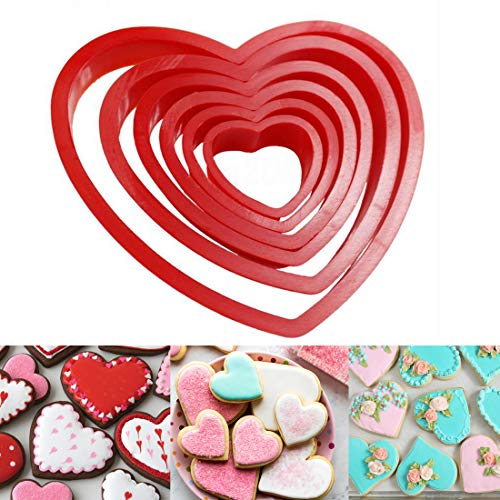 6 cortadores de bolachas em forma de coração, de plástico, para dia dos namorados, tamanho 2,5 a 8,5 cm
