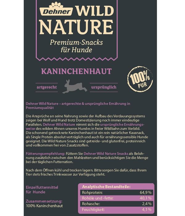 Dehner Wild Nature Hundesnack, Premium Hundeleckerli glutenfrei / getreidefrei, Kausnack für ernährungssensible Hunde, Kaninchenhaut, 150 g
