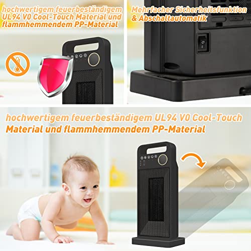 Verwarmingsventilator met afstandsbediening, energiebesparend, stil, 2000 W, keramische ventilatorkachel, badkamer, snelverwarming met oscillatie, timing, omvalbeveiliging, oververhittingsbeveiliging, 2 verwarmingsniveaus, verwarming voor thuis en op kantoor - Afbeelding 4