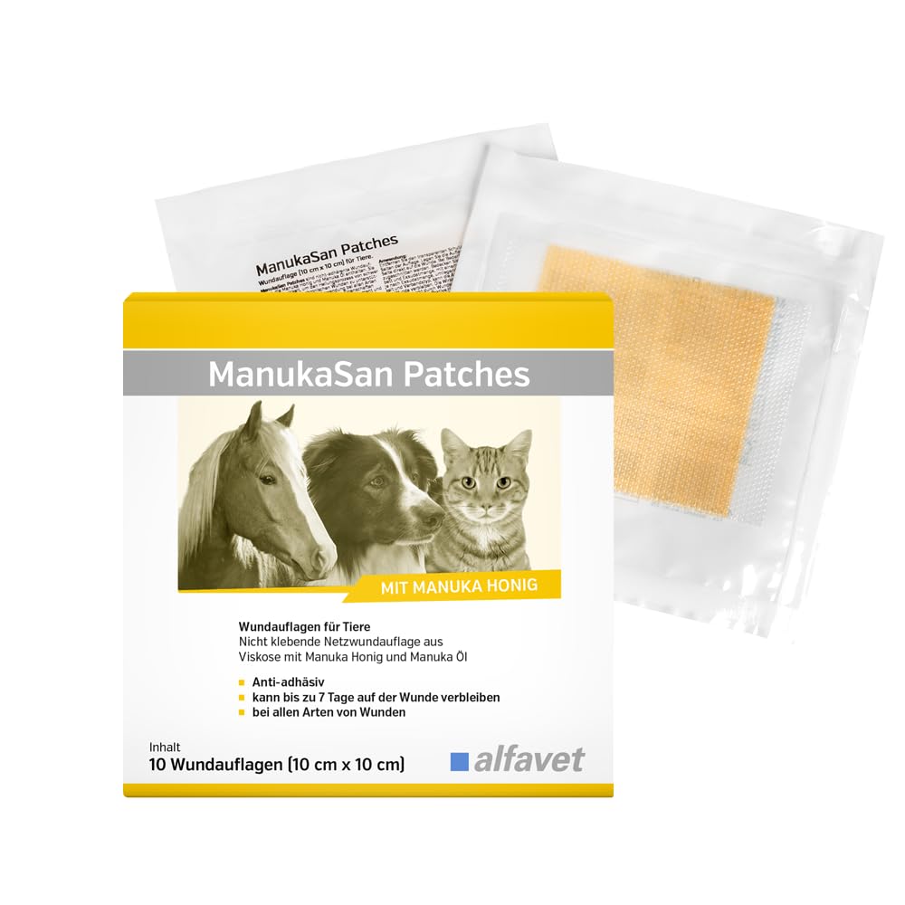 Alfavet ManukaSan Patches 10 x 10 cm | 10 Stück | Wundauflagen für Tiere | Nicht klebende Netzwundauflagen aus Viskose mit Manuka Honig und Manuka Öl | Bei Allen Arten von Wunden