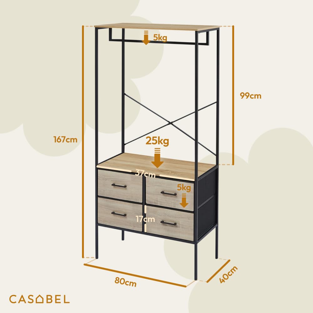 CASABEL Penderie Vêtements 4 Tiroirs en Tissu, Plateaux Bois et Métal Noir | Dressing ouvert, 4 tiroirs, Tringle à vêtements, Étagère supérieure, Gain de place, Structure robuste, Montage rapide