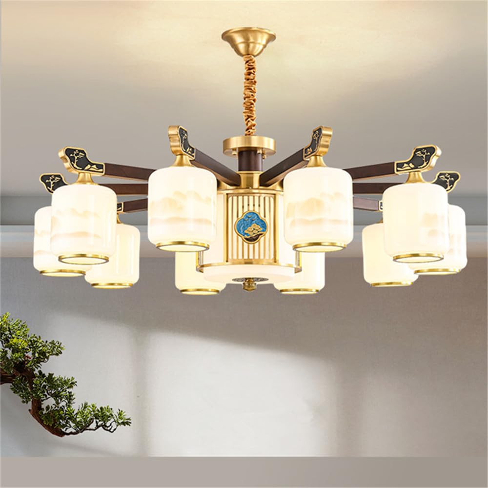 SXECAEPS Contemporary Luxury Brass Chandelier LED Chinese Style Living Room Bedroom Dining Villa Hotel Tearoom Cafe Pendent Lights (B 10 Lights)