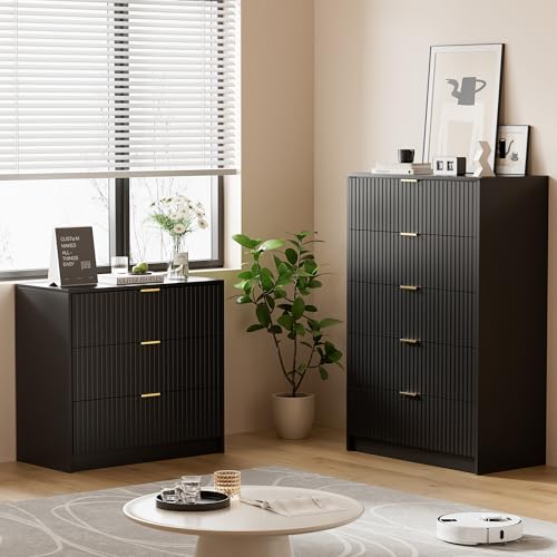 Image of Furniway Black Dresser for Bedroom, Modern Dresser with 5 Drawers and Smooth Slides, Wide Chest of Drawers with Golden Handles for Bedroom, Living Room, Closet, 15.7 inch D x 31.5 inch W x 47.2 inch H