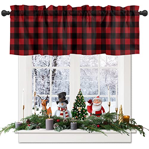 Homechoid Red and Black Buffalo Check Curtain Valance for Windows/Living Room/Kitchen/Bathroom/Farmhouse, Farm Red Lattice Short Rod Pocket Tier Curtain Plaid Window Curtain Treatment, 1 Panel 60x18